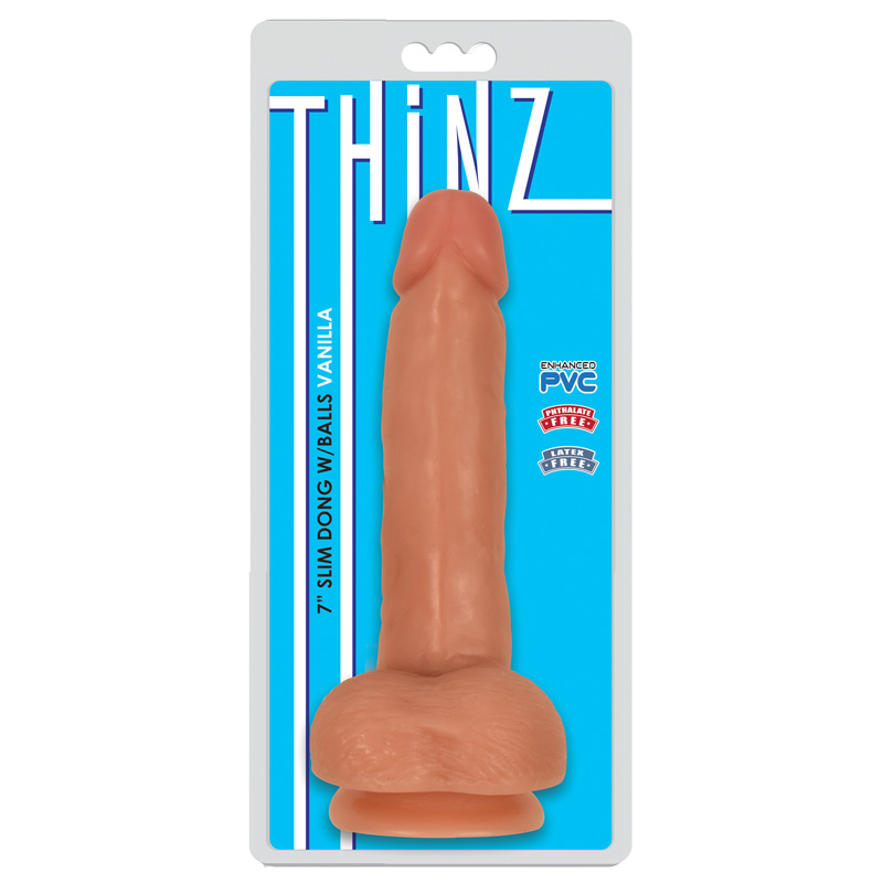 Thinz 7 Inch Slim Dildo with Balls - Light - Image 2