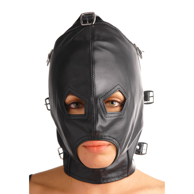 Asylum Leather Hood with Removable Blindfold and Muzzle- ML - Image 4