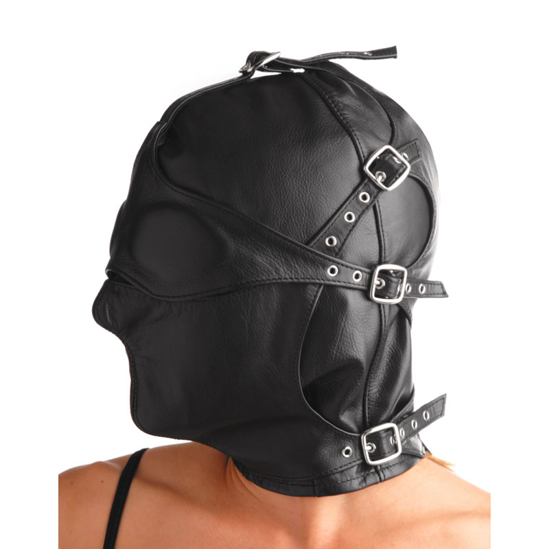 Asylum Leather Hood with Removable Blindfold and Muzzle- ML - Image 2