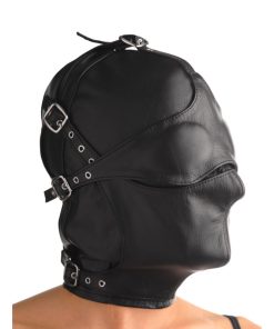 Asylum Leather Hood with Removable Blindfold and Muzzle- ML